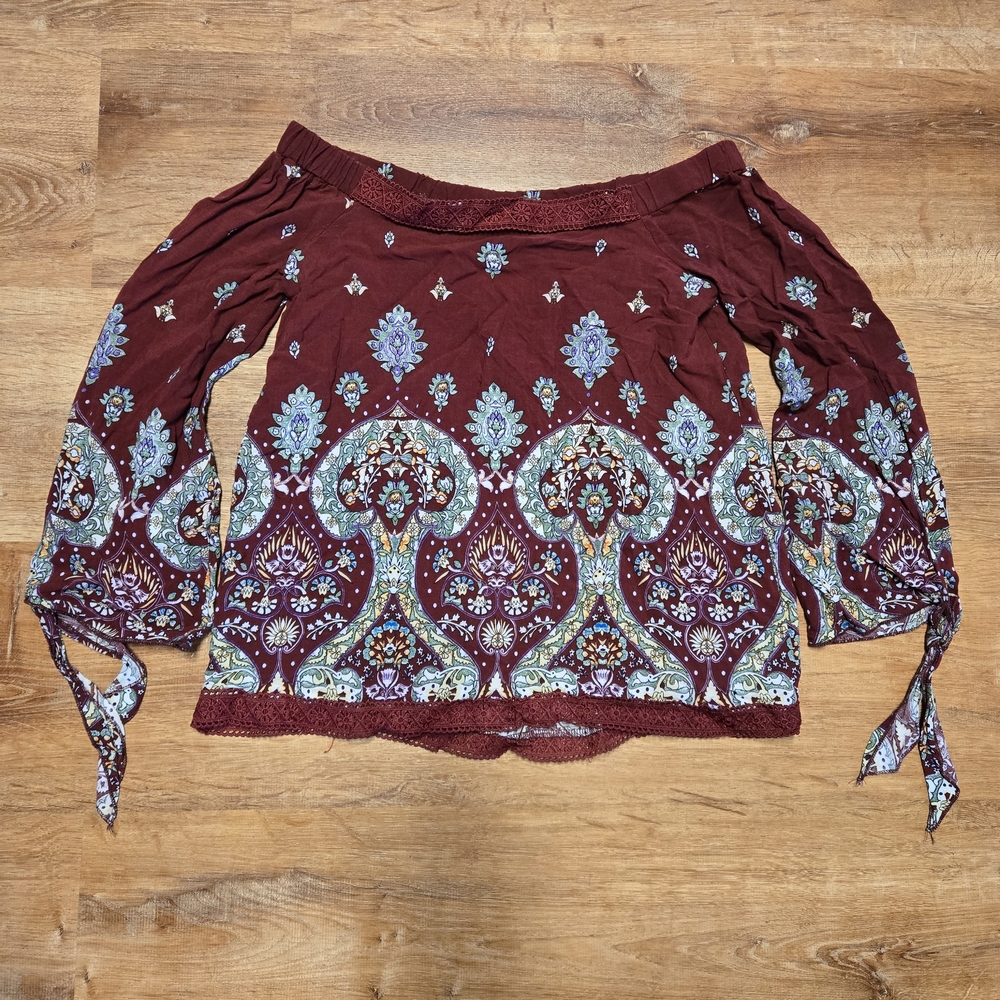 Jaase Burgundy Floral Off-Shoulder Blouse Medium Boho